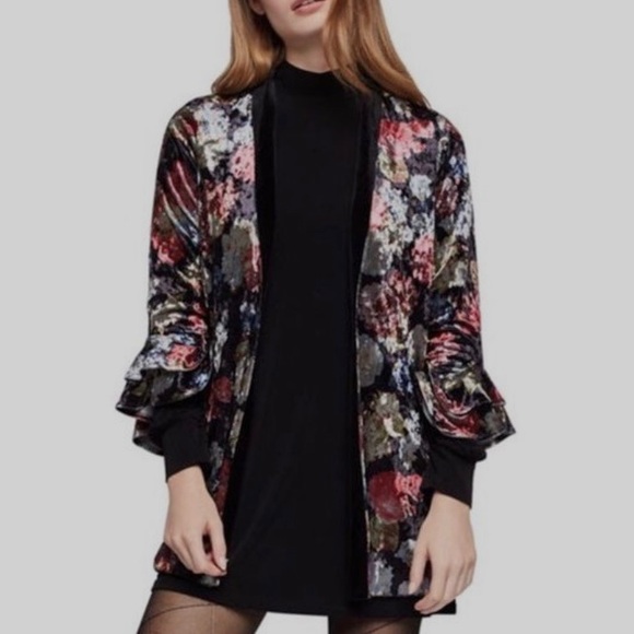 BCBG GENERATION BOHO FLORAL  RUFFLE SLEEVES VELVET CARDIGAN BLAZER - Picture 2 of 16